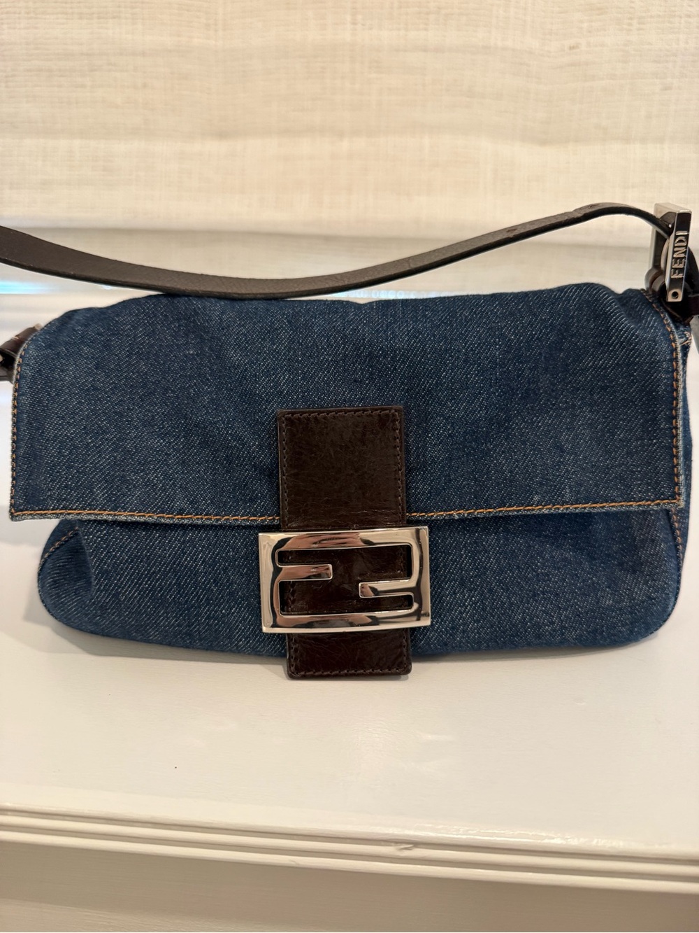Fendi Denim Baguette Shoulder Bag - Dark Blue with Brown Trim